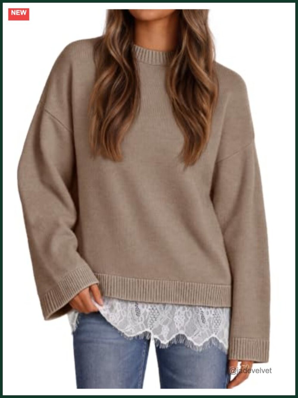 Oversized Lace Hem Knit Pullover Sweater Women's Fall Winter Cozy